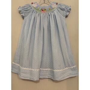 Marmellata Smocked Dress 4T Easter Bunny Embroidered Swiss Dots Blue Sz 4
